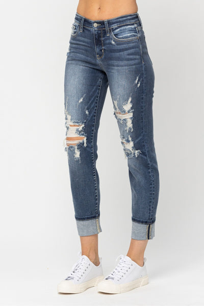 Judy Blue Mid Rise Cuffed Distressed Boyfriend Jeans