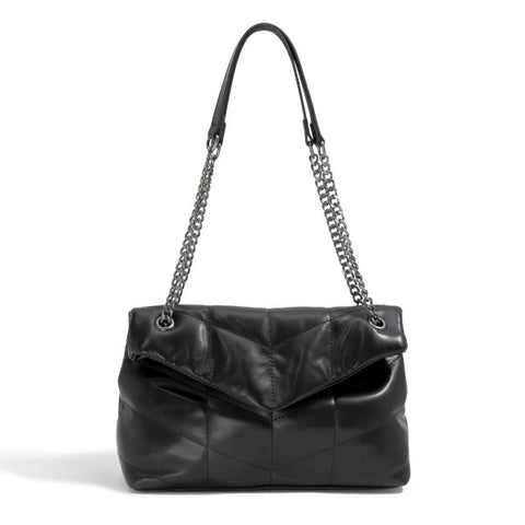 Quilted Vegan Leather Shoulder Bag w/ Chain Strap