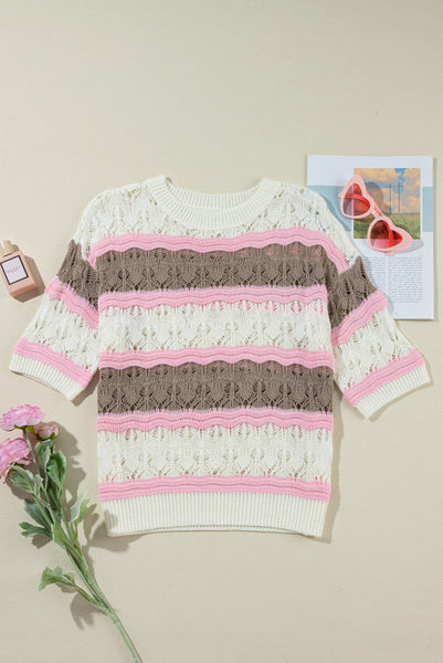 Striped Open Weave Short Sleeve Sweater