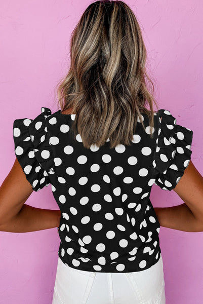 Polka Dot Ruffle Sleeve V Neck