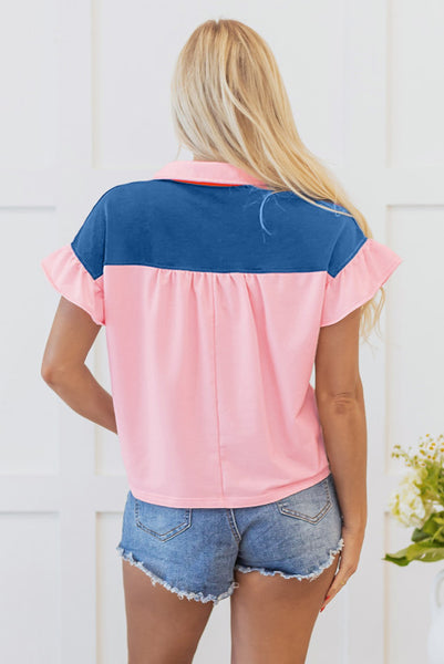 Pink Colorblock Snap Polo