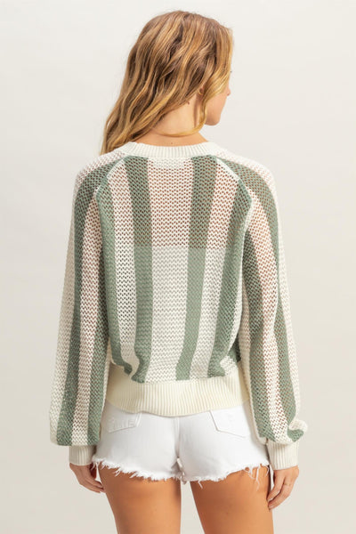 Striped Pocketed Open Weave Sweater