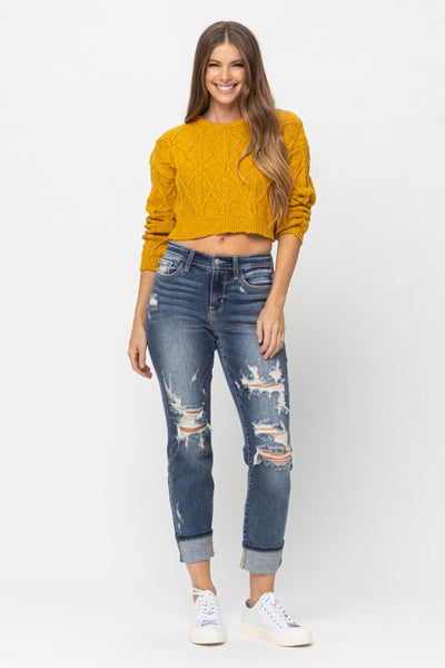 Judy Blue Mid Rise Cuffed Distressed Boyfriend Jeans