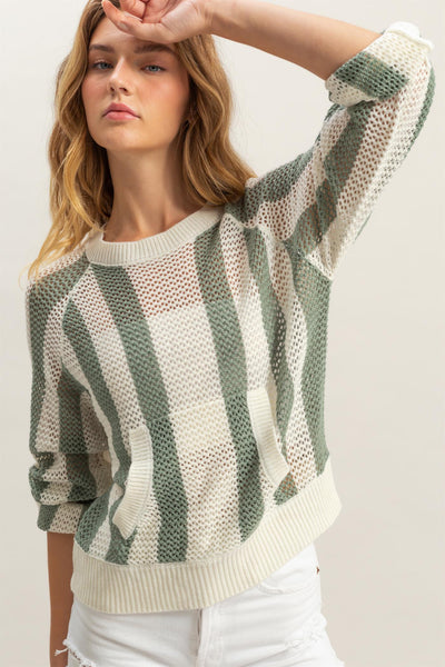 Striped Pocketed Open Weave Sweater