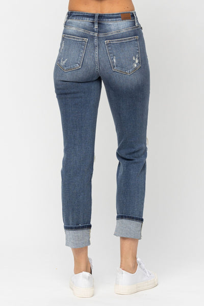 Judy Blue Mid Rise Cuffed Distressed Boyfriend Jeans