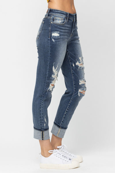 Judy Blue Mid Rise Cuffed Distressed Boyfriend Jeans