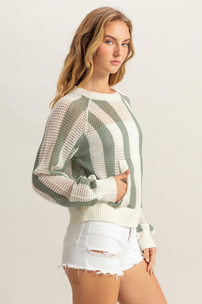 Striped Pocketed Open Weave Sweater