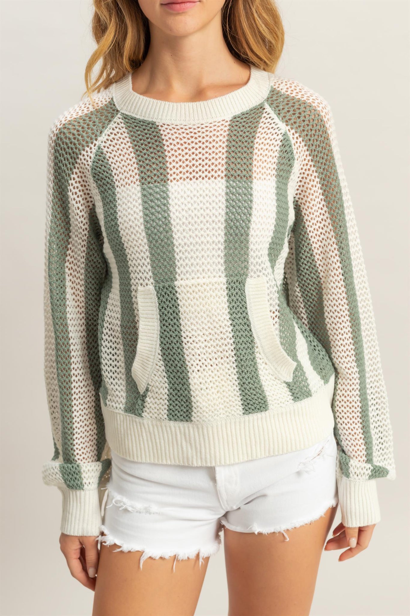 Striped Pocketed Open Weave Sweater