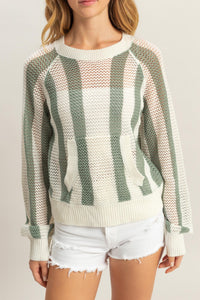 Striped Pocketed Open Weave Sweater