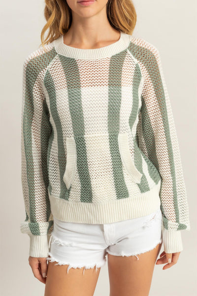 Striped Pocketed Open Weave Sweater