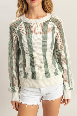 Striped Pocketed Open Weave Sweater
