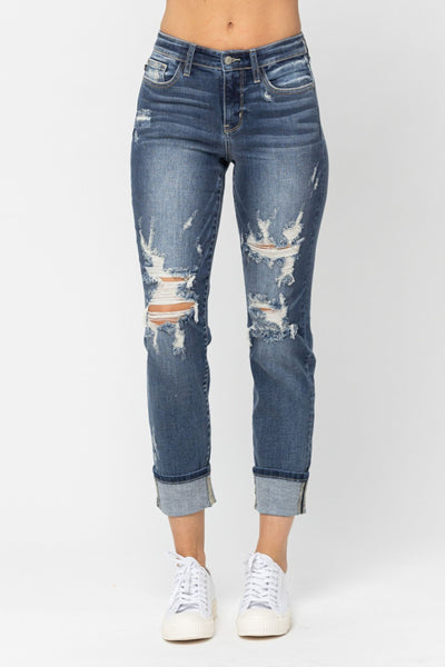 Judy Blue Mid Rise Cuffed Distressed Boyfriend Jeans