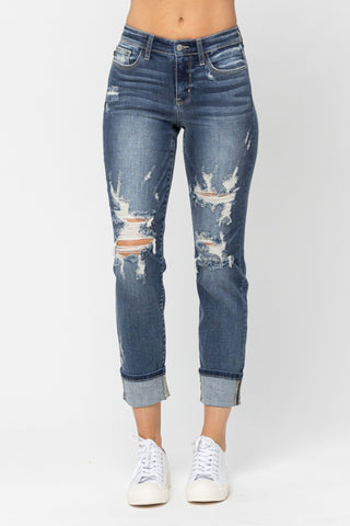 Judy Blue Mid Rise Cuffed Distressed Boyfriend Jeans