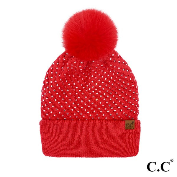 CCBeanie Rhinestone Fur Pom Beanie