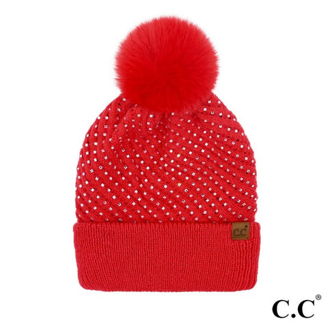 CCBeanie Rhinestone Fur Pom Beanie
