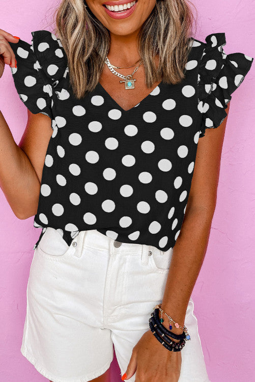 Polka Dot Ruffle Sleeve V Neck