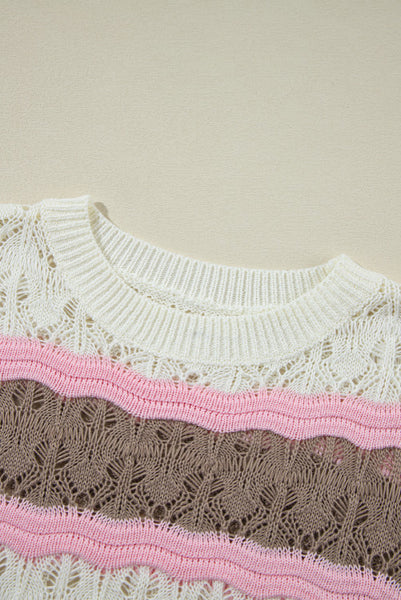 Striped Open Weave Short Sleeve Sweater