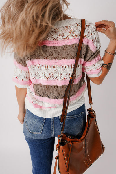 Striped Open Weave Short Sleeve Sweater