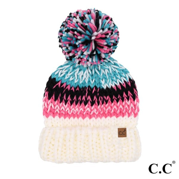 CCBeanie Ivory Multi Color Chunky Yarn Pom Beanie