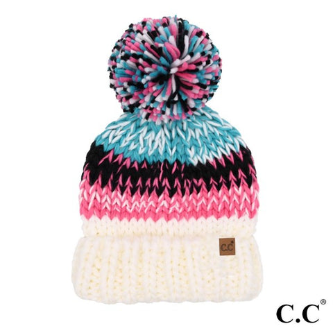 CCBeanie Ivory Multi Color Chunky Yarn Pom Beanie