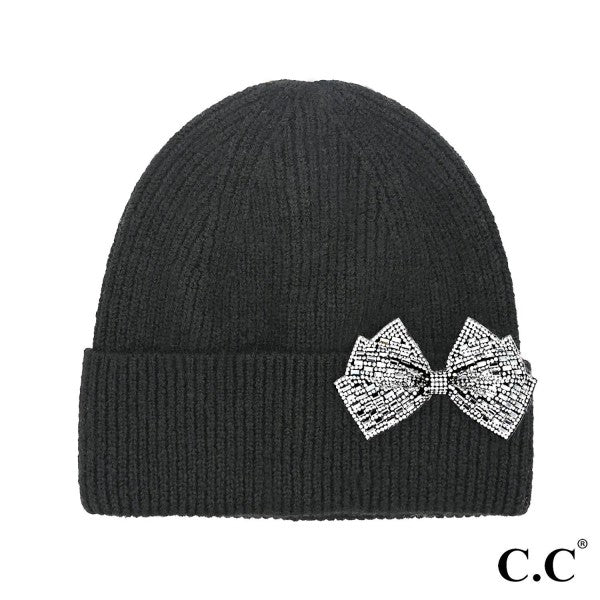 CCBeanie Rhinestone Bow Cuff Beanie