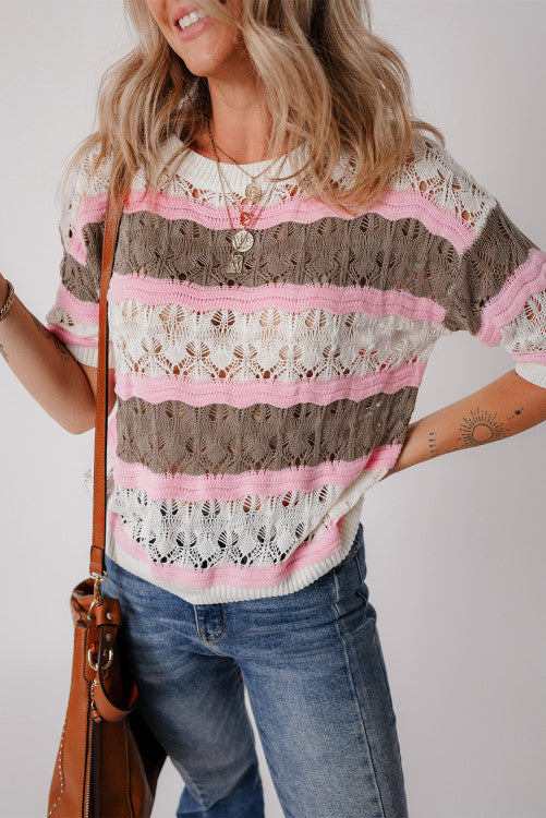 Striped Open Weave Short Sleeve Sweater