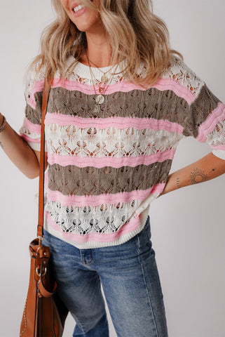 Striped Open Weave Short Sleeve Sweater