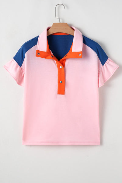 Pink Colorblock Snap Polo